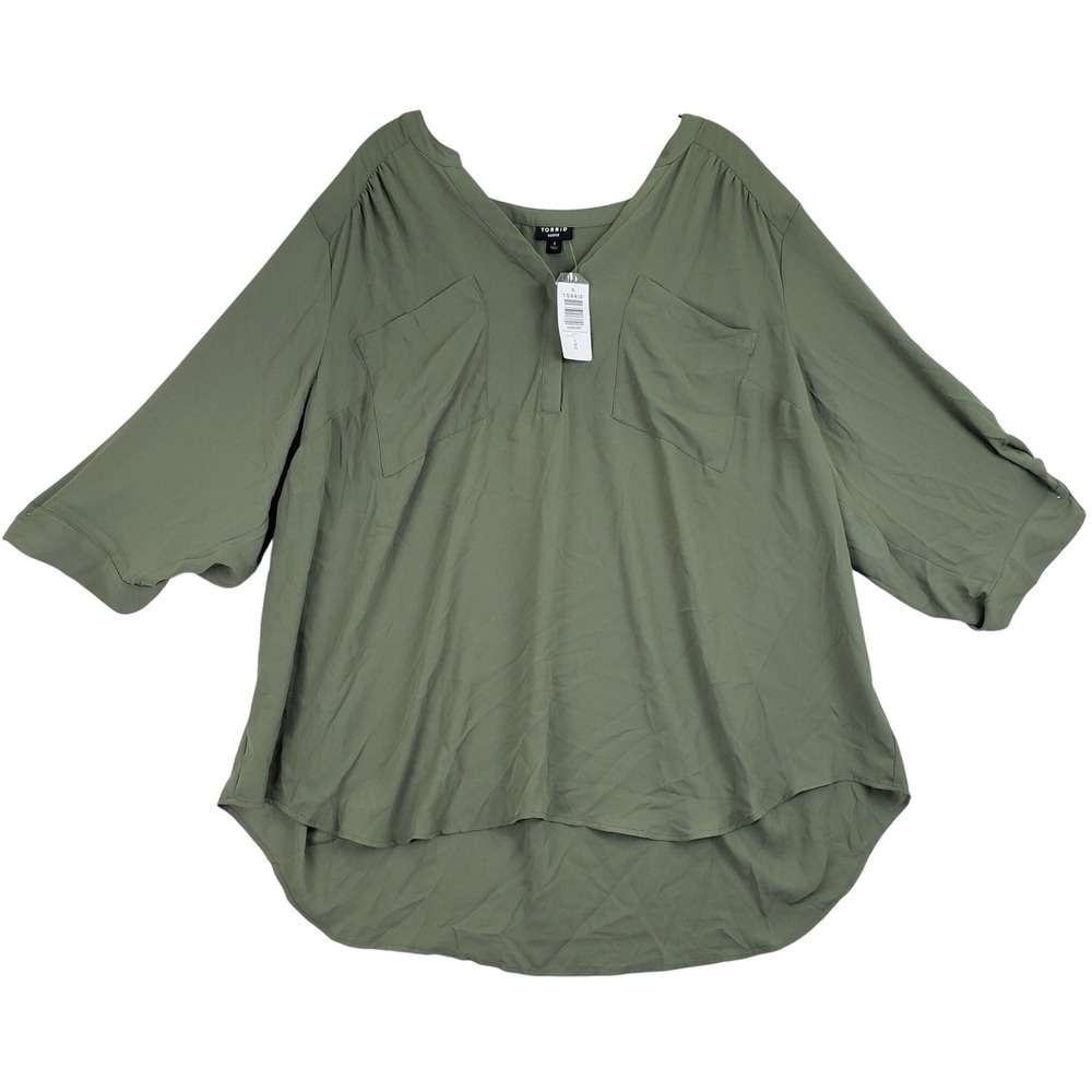 Torrid Harper Georgette Blouse Women 4 Olive Green Casual Roll‎ Tab Sleeve